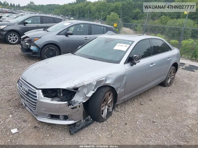 2017 Audi A4 Premium VIN: WAUANAF47HN027777 Lot: 45666730