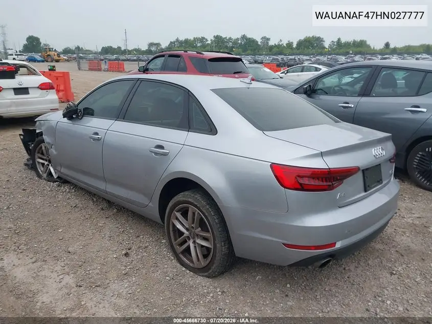 2017 Audi A4 Premium VIN: WAUANAF47HN027777 Lot: 45666730