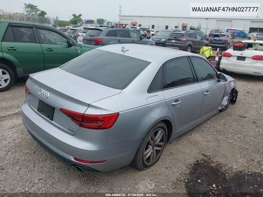 2017 Audi A4 Premium VIN: WAUANAF47HN027777 Lot: 45666730