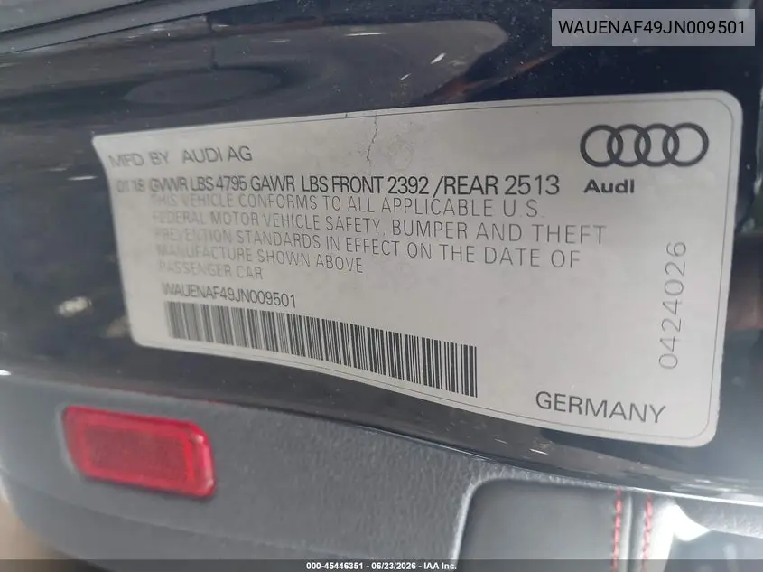 2018 Audi A4 2.0T Premium/2.0T Tech Premium VIN: WAUENAF49JN009501 Lot: 45446351