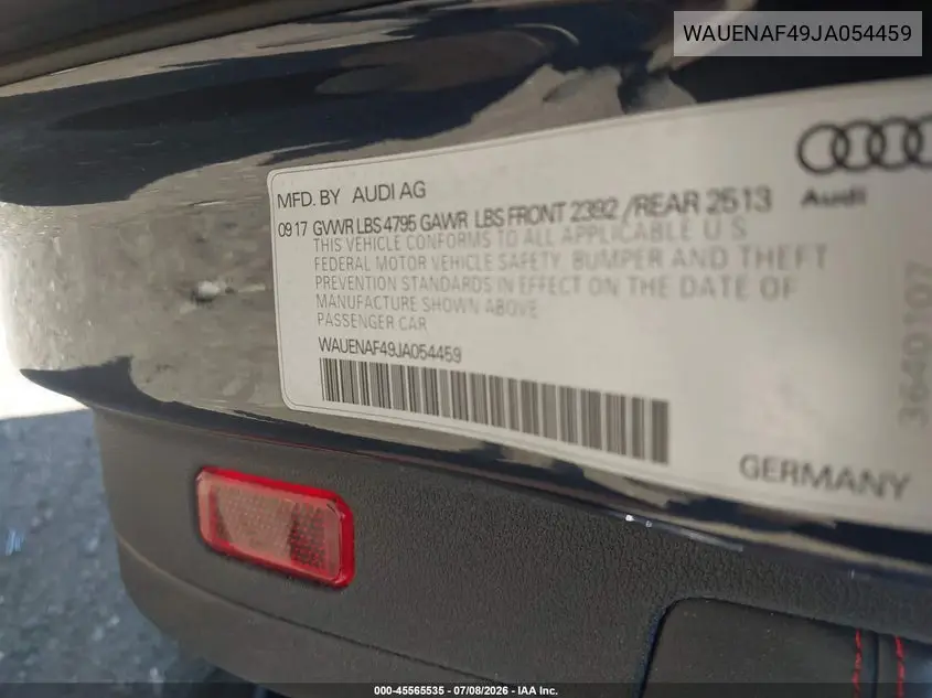 2018 Audi A4 2.0T Premium/2.0T Tech Premium VIN: WAUENAF49JA054459 Lot: 45565535