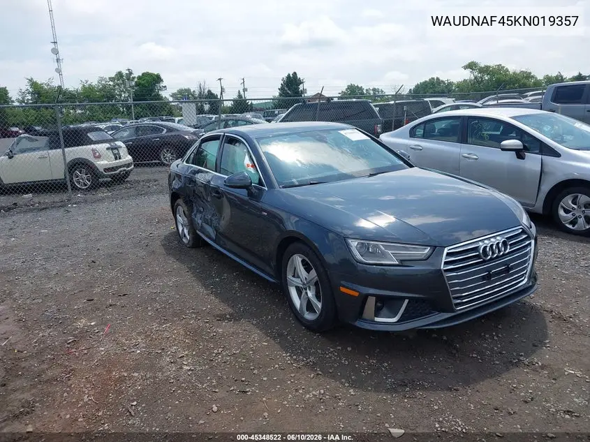 2019 Audi A4 45 Premium VIN: WAUDNAF45KN019357 Lot: 45348522