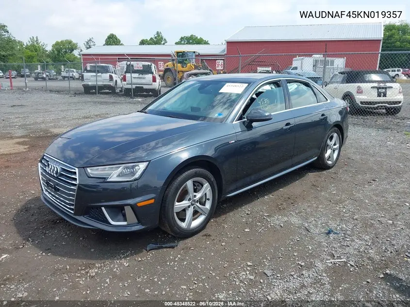 2019 Audi A4 45 Premium VIN: WAUDNAF45KN019357 Lot: 45348522