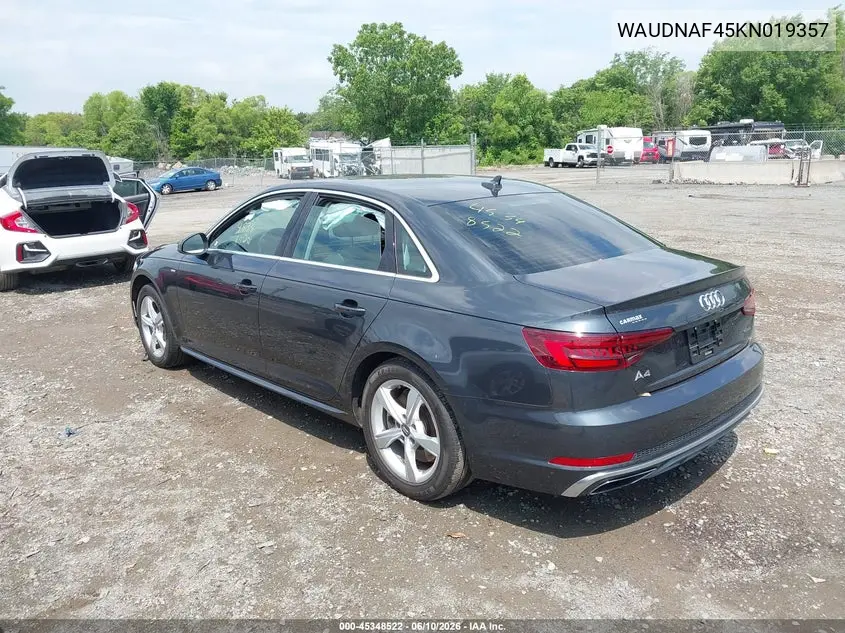 2019 Audi A4 45 Premium VIN: WAUDNAF45KN019357 Lot: 45348522