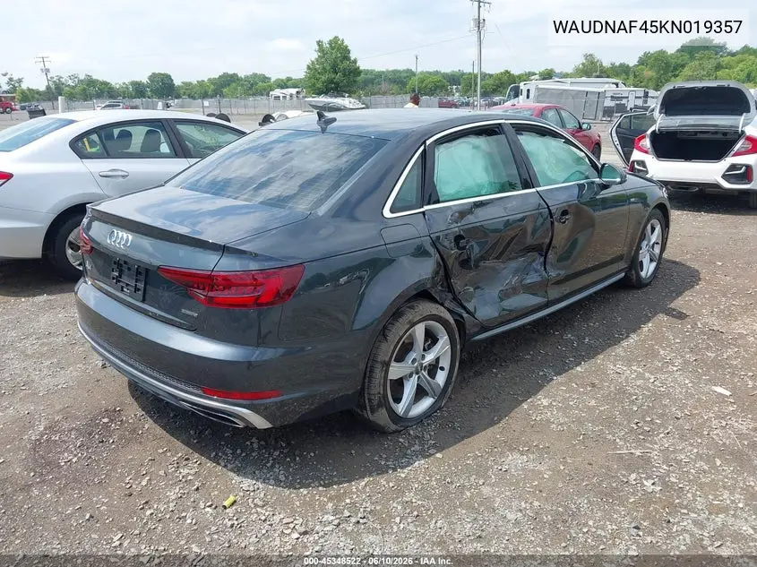 2019 Audi A4 45 Premium VIN: WAUDNAF45KN019357 Lot: 45348522