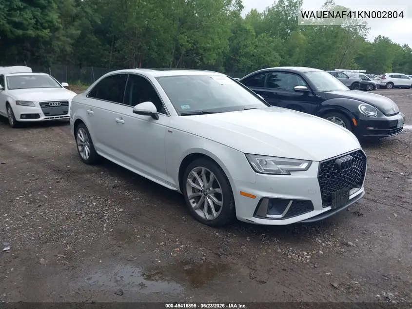2019 Audi A4 45 Premium VIN: WAUENAF41KN002804 Lot: 45416895