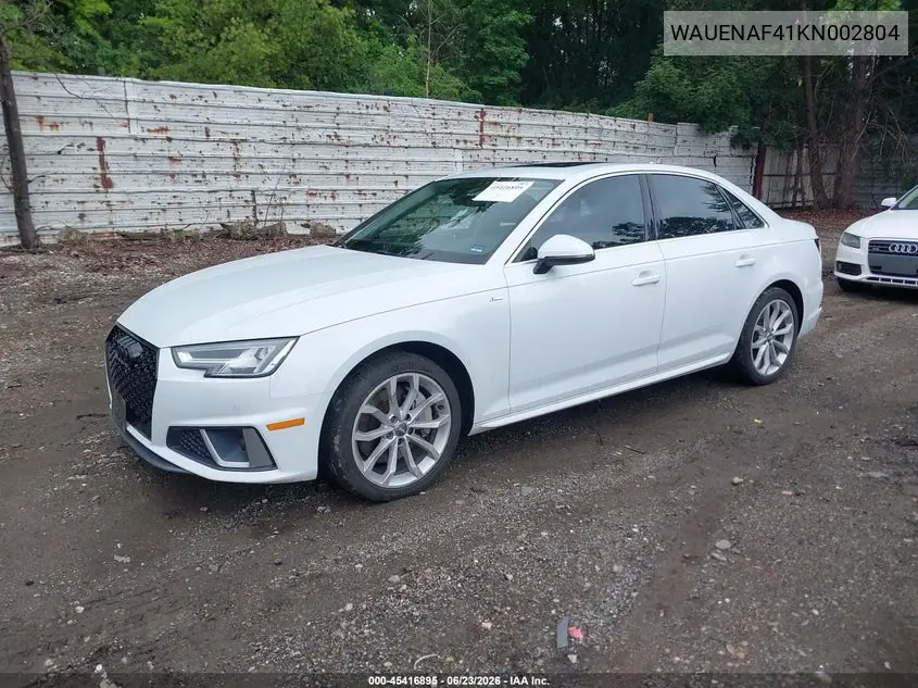 2019 Audi A4 45 Premium VIN: WAUENAF41KN002804 Lot: 45416895