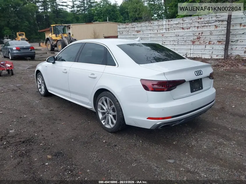 2019 Audi A4 45 Premium VIN: WAUENAF41KN002804 Lot: 45416895