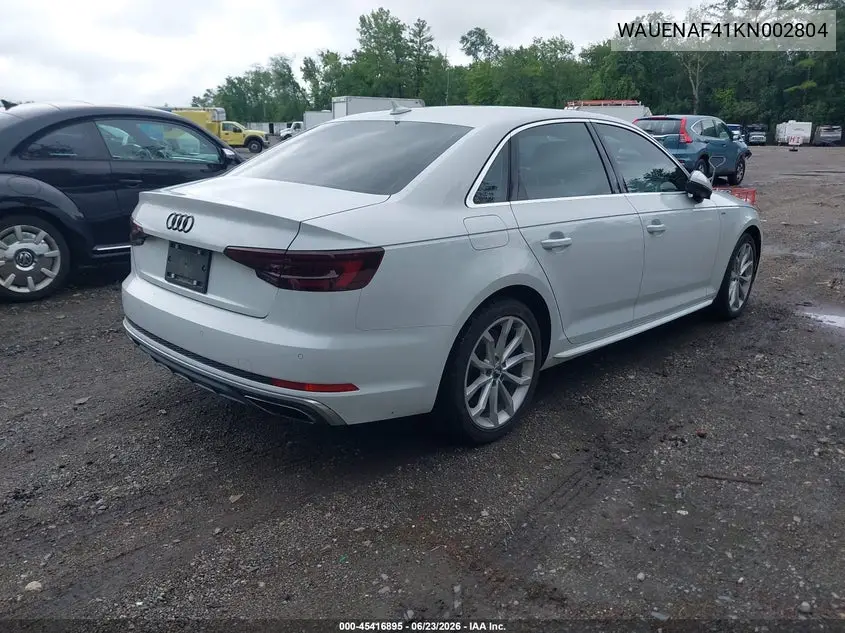 2019 Audi A4 45 Premium VIN: WAUENAF41KN002804 Lot: 45416895