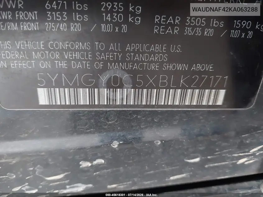 2019 Audi A4 45 Premium VIN: WAUDNAF42KA063288 Lot: 45618301