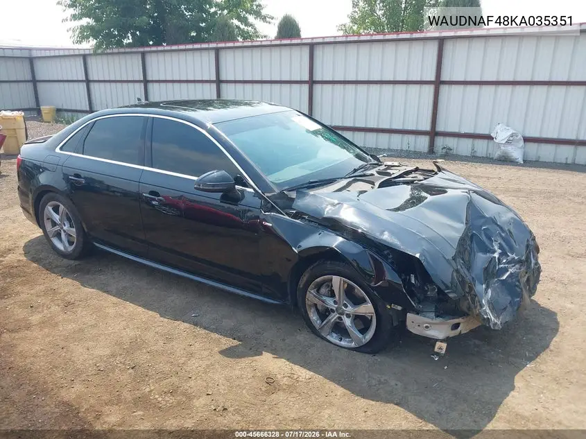 2019 Audi A4 45 Premium VIN: WAUDNAF48KA035351 Lot: 45666328