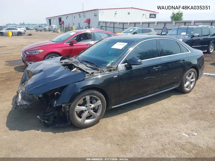 2019 Audi A4 45 Premium VIN: WAUDNAF48KA035351 Lot: 45666328