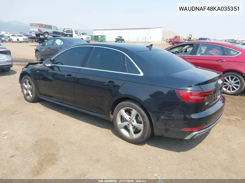 2019 Audi A4 45 Premium VIN: WAUDNAF48KA035351 Lot: 45666328