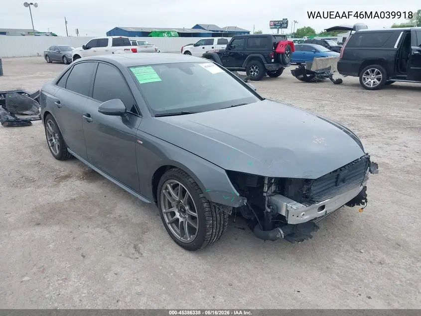 2021 Audi A4 Premium Plus 45 Tfsi S Line Quattro S Tronic VIN: WAUEAAF46MA039918 Lot: 45386338