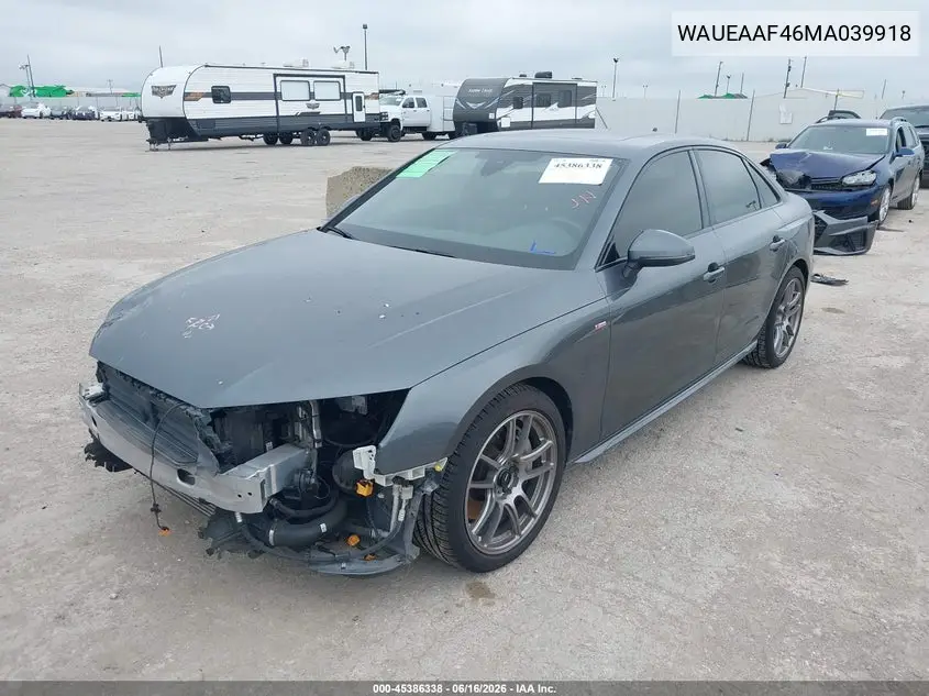 2021 Audi A4 Premium Plus 45 Tfsi S Line Quattro S Tronic VIN: WAUEAAF46MA039918 Lot: 45386338