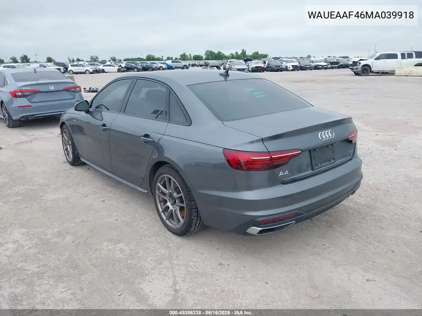 2021 Audi A4 Premium Plus 45 Tfsi S Line Quattro S Tronic VIN: WAUEAAF46MA039918 Lot: 45386338
