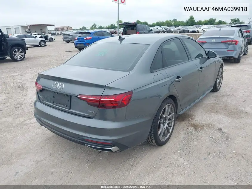 2021 Audi A4 Premium Plus 45 Tfsi S Line Quattro S Tronic VIN: WAUEAAF46MA039918 Lot: 45386338
