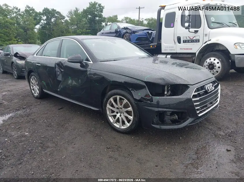 2021 Audi A4 Premium 40 Tfsi Quattro S Tronic VIN: WAUABAF45MA011488 Lot: 45417072