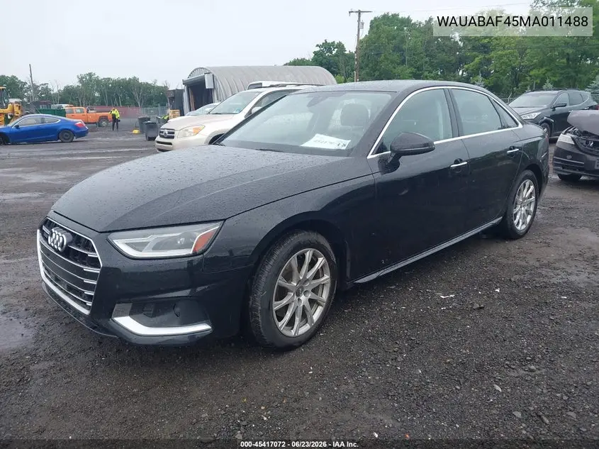 2021 Audi A4 Premium 40 Tfsi Quattro S Tronic VIN: WAUABAF45MA011488 Lot: 45417072