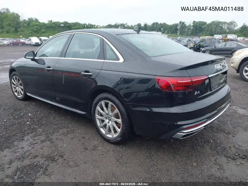 2021 Audi A4 Premium 40 Tfsi Quattro S Tronic VIN: WAUABAF45MA011488 Lot: 45417072
