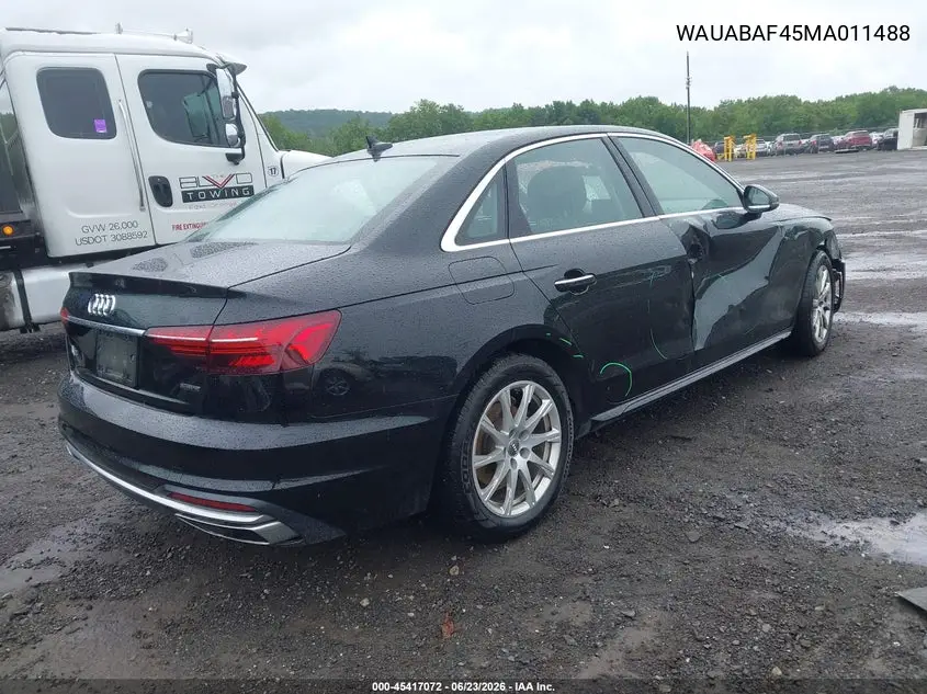 2021 Audi A4 Premium 40 Tfsi Quattro S Tronic VIN: WAUABAF45MA011488 Lot: 45417072
