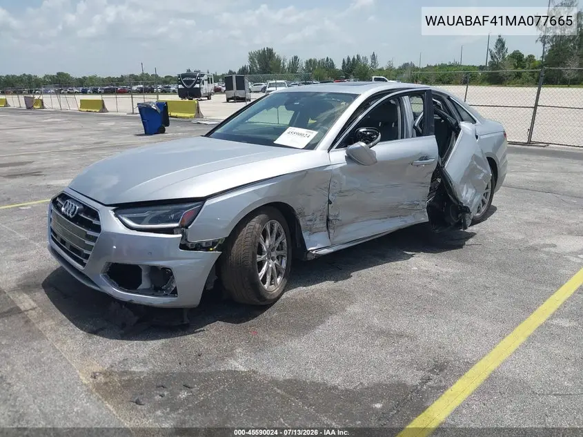 2021 Audi A4 Premium 40 Tfsi Quattro S Tronic VIN: WAUABAF41MA077665 Lot: 45590024
