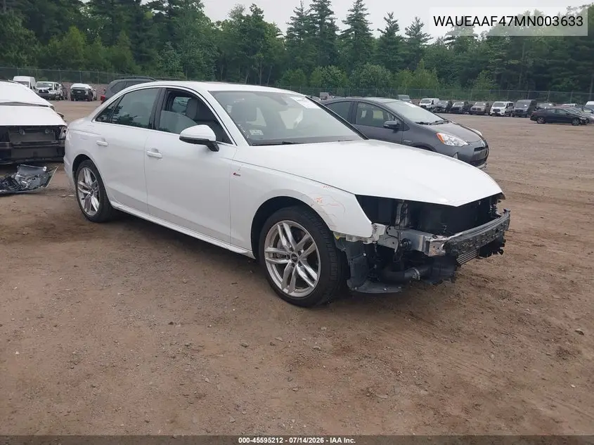 2021 Audi A4 Premium Plus 45 Tfsi S Line Quattro S Tronic VIN: WAUEAAF47MN003633 Lot: 45595212