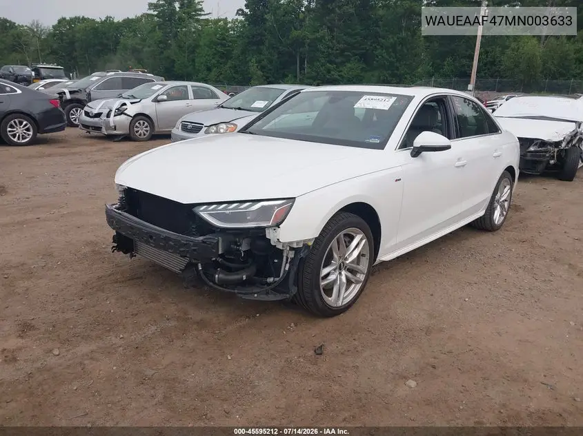 2021 Audi A4 Premium Plus 45 Tfsi S Line Quattro S Tronic VIN: WAUEAAF47MN003633 Lot: 45595212
