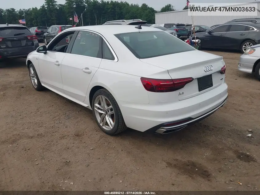 2021 Audi A4 Premium Plus 45 Tfsi S Line Quattro S Tronic VIN: WAUEAAF47MN003633 Lot: 45595212