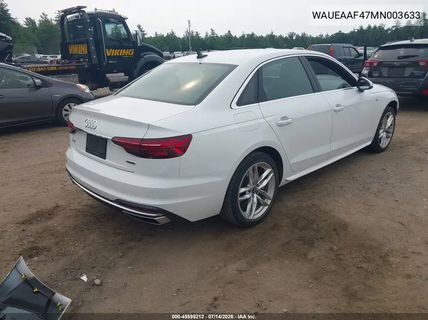 2021 Audi A4 Premium Plus 45 Tfsi S Line Quattro S Tronic VIN: WAUEAAF47MN003633 Lot: 45595212