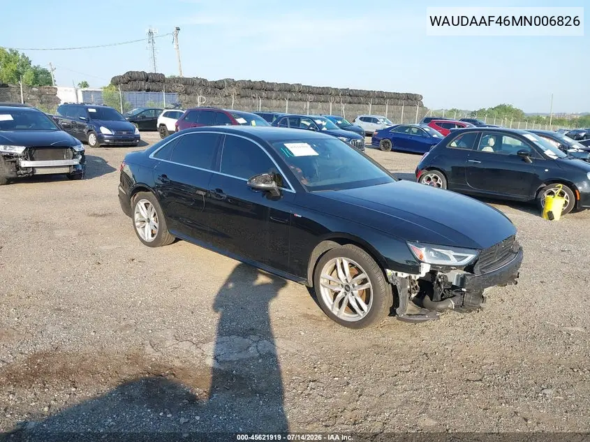 2021 Audi A4 Premium 45 Tfsi S Line Quattro S Tronic VIN: WAUDAAF46MN006826 Lot: 45621919