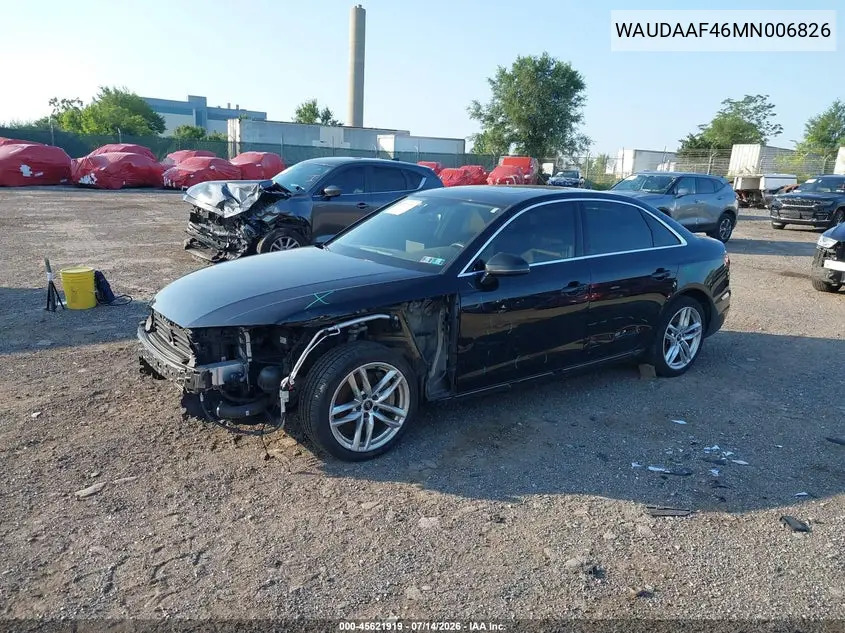 2021 Audi A4 Premium 45 Tfsi S Line Quattro S Tronic VIN: WAUDAAF46MN006826 Lot: 45621919