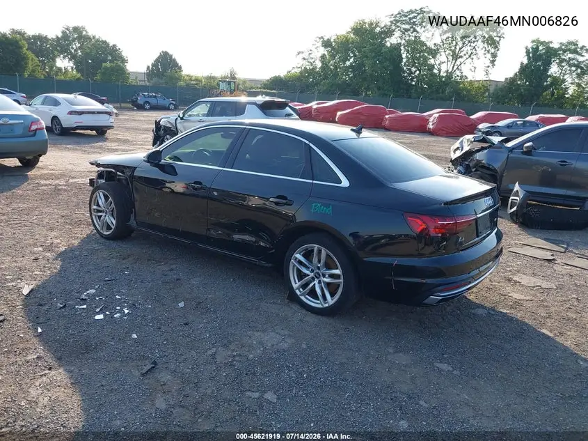 2021 Audi A4 Premium 45 Tfsi S Line Quattro S Tronic VIN: WAUDAAF46MN006826 Lot: 45621919