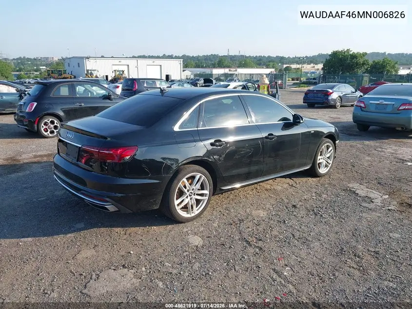 2021 Audi A4 Premium 45 Tfsi S Line Quattro S Tronic VIN: WAUDAAF46MN006826 Lot: 45621919