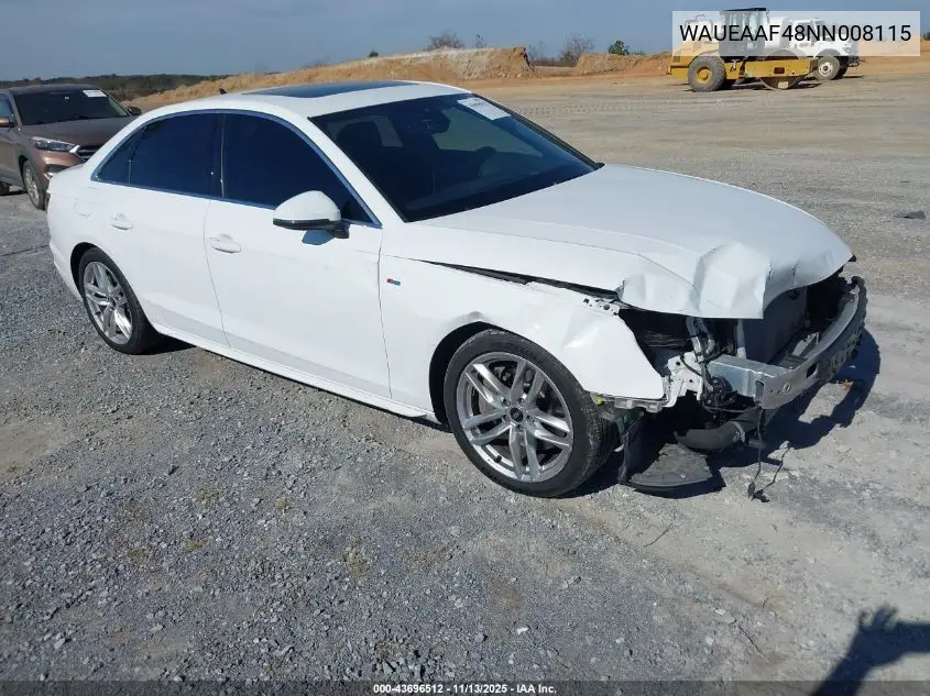 WAUEAAF48NN008115 2022 Audi A4 Premium Plus 45 Tfsi S Line Quattro S Tronic