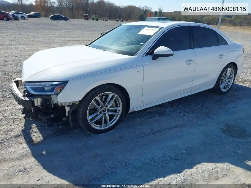 WAUEAAF48NN008115 2022 Audi A4 Premium Plus 45 Tfsi S Line Quattro S Tronic