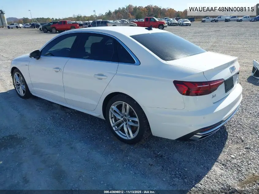 WAUEAAF48NN008115 2022 Audi A4 Premium Plus 45 Tfsi S Line Quattro S Tronic