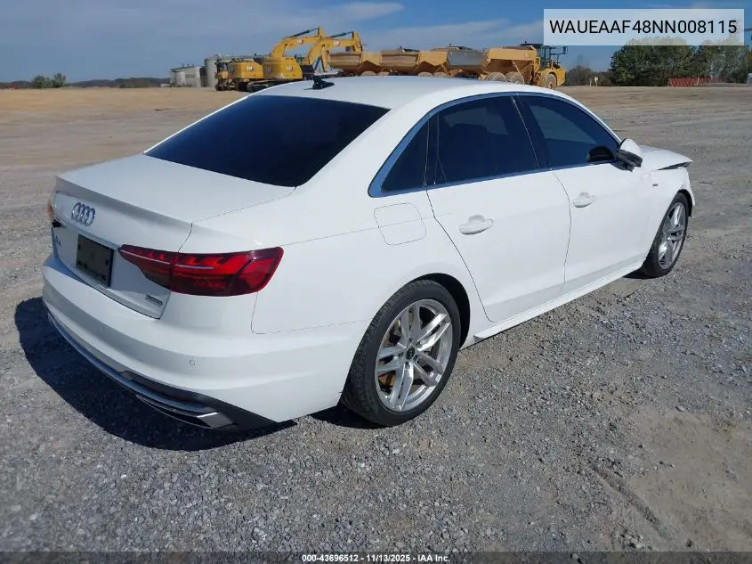 WAUEAAF48NN008115 2022 Audi A4 Premium Plus 45 Tfsi S Line Quattro S Tronic