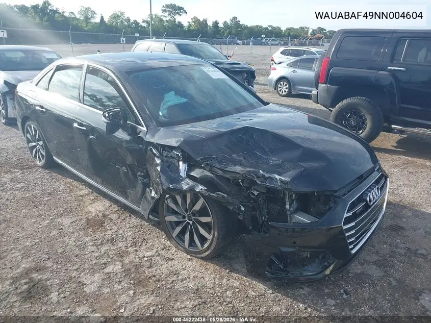 2022 Audi A4 Premium 40 Tfsi Quattro S Tronic VIN: WAUABAF49NN004604 Lot: 45222438
