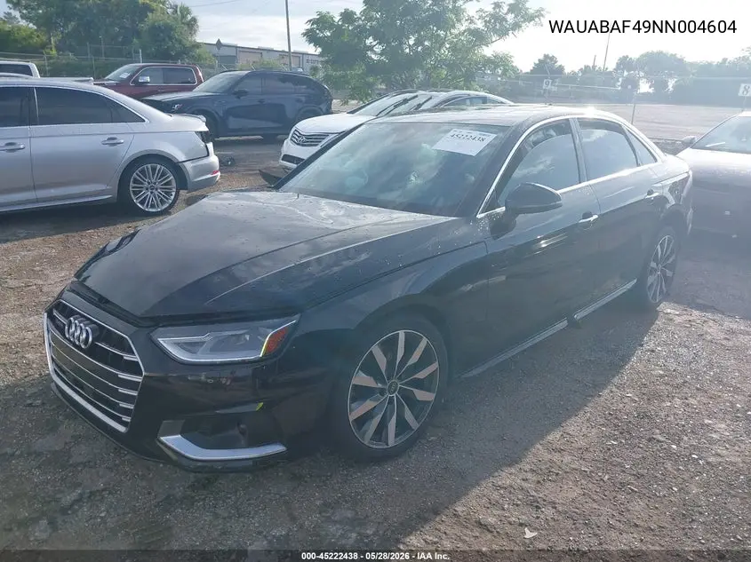 2022 Audi A4 Premium 40 Tfsi Quattro S Tronic VIN: WAUABAF49NN004604 Lot: 45222438