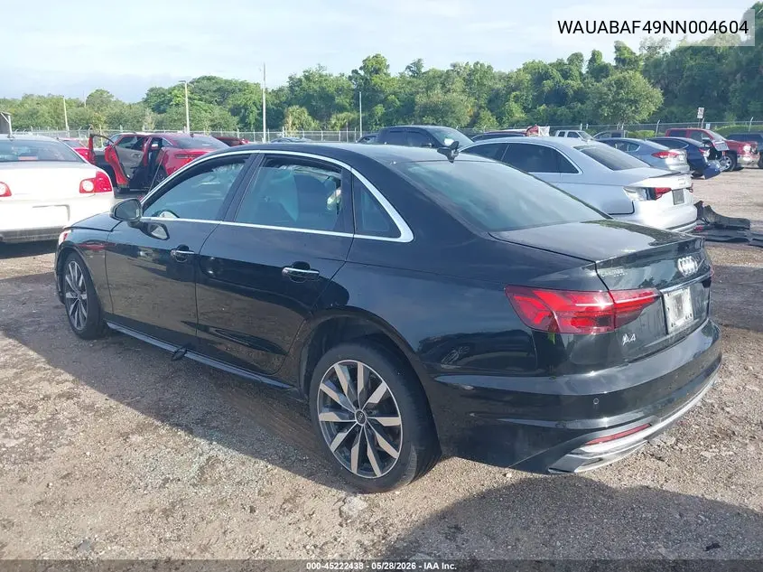 2022 Audi A4 Premium 40 Tfsi Quattro S Tronic VIN: WAUABAF49NN004604 Lot: 45222438