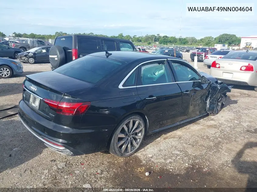 2022 Audi A4 Premium 40 Tfsi Quattro S Tronic VIN: WAUABAF49NN004604 Lot: 45222438