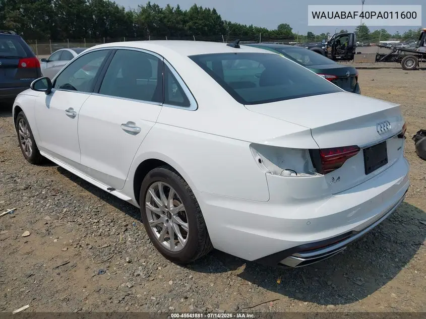 2023 Audi A4 Premium 40 Tfsi Quattro S Tronic VIN: WAUABAF40PA011600 Lot: 45541881