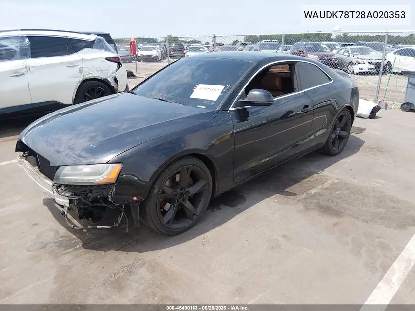2008 Audi A5 3.2L VIN: WAUDK78T28A020353 Lot: 45490163