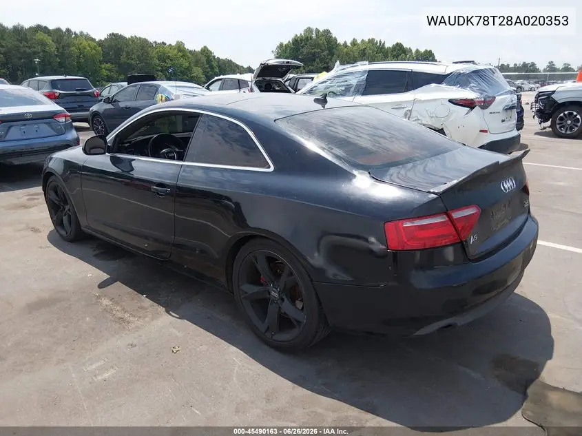 2008 Audi A5 3.2L VIN: WAUDK78T28A020353 Lot: 45490163