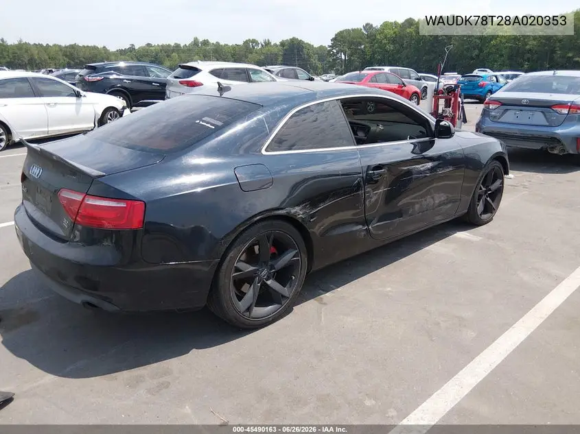 2008 Audi A5 3.2L VIN: WAUDK78T28A020353 Lot: 45490163