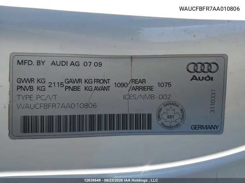 2010 Audi A5 Premium VIN: WAUCFBFR7AA010806 Lot: 12639549