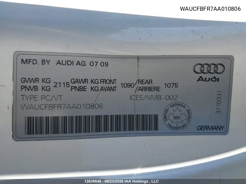 2010 Audi A5 Premium VIN: WAUCFBFR7AA010806 Lot: 12639549