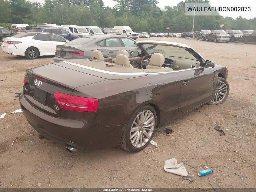 2012 Audi A5 2.0T Premium VIN: WAULFAFH8CN002873 Lot: 45616135