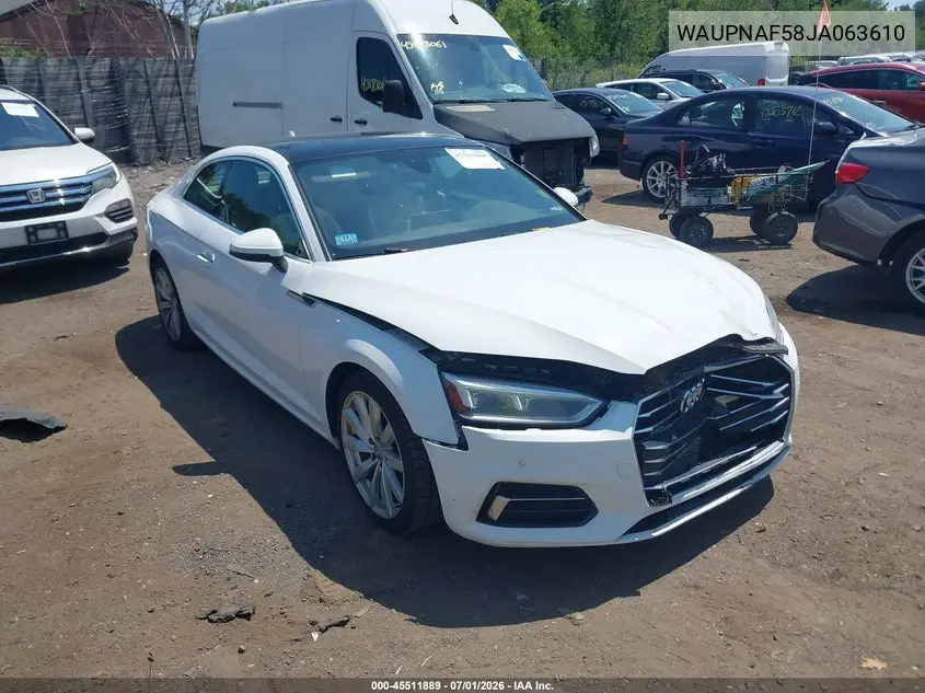 2018 Audi A5 2.0T Premium VIN: WAUPNAF58JA063610 Lot: 45511889